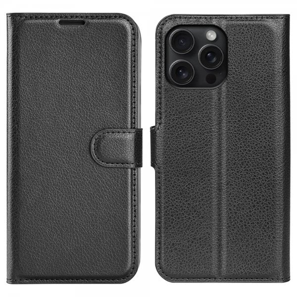 iPhone 16 Pro Etui Litchi Svart