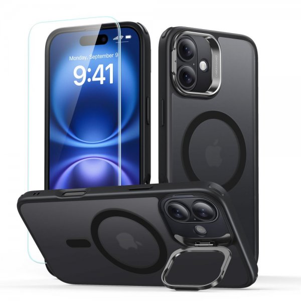 ESR iPhone 16 Deksel og Skjermbeskytter Classic Hybrid Kickstand MagSafe Set Frostet Svart