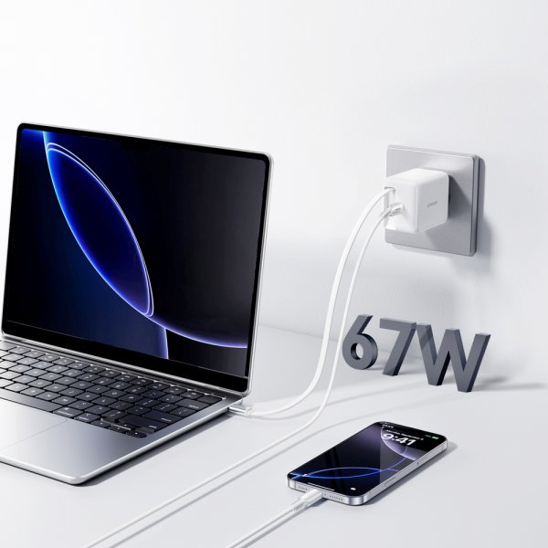Joyroom 67W Vegglader med innebygd USB-C kabel & USB-C uttak Hvit