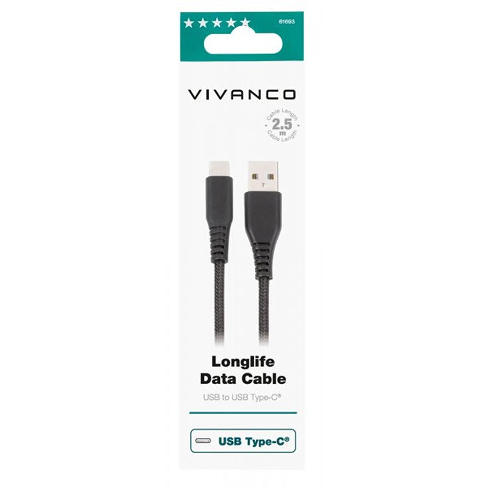 Vivanco Kabel Longlife Braided USB-A/USB-C 2.5m Svart