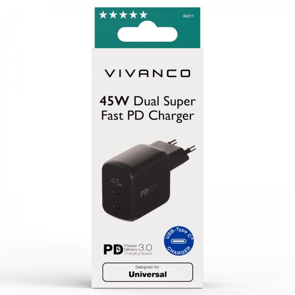 Vivanco Lader 45W Dual Super Fast PD Charger Svart