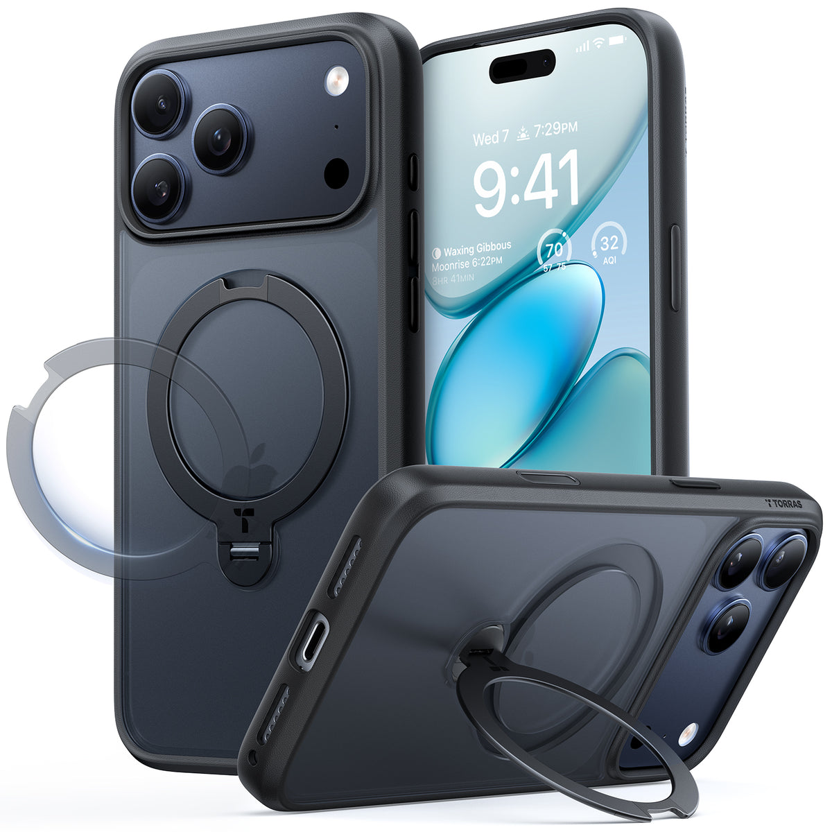 Torras iPhone 17 Pro Max Deksel Ostand Q3 Spin Obsidian Black