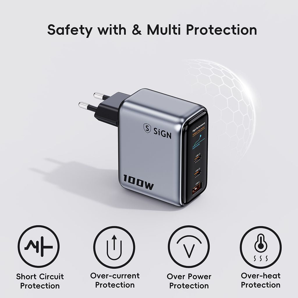 SiGN 100W Snabbladdare med Display 2xUSB-C/1xUSB-A Grå