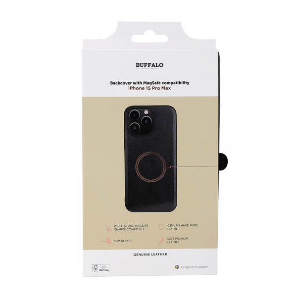 Buffalo iPhone 15 Pro Max Deksel Ekte skinn MagSeries Svart