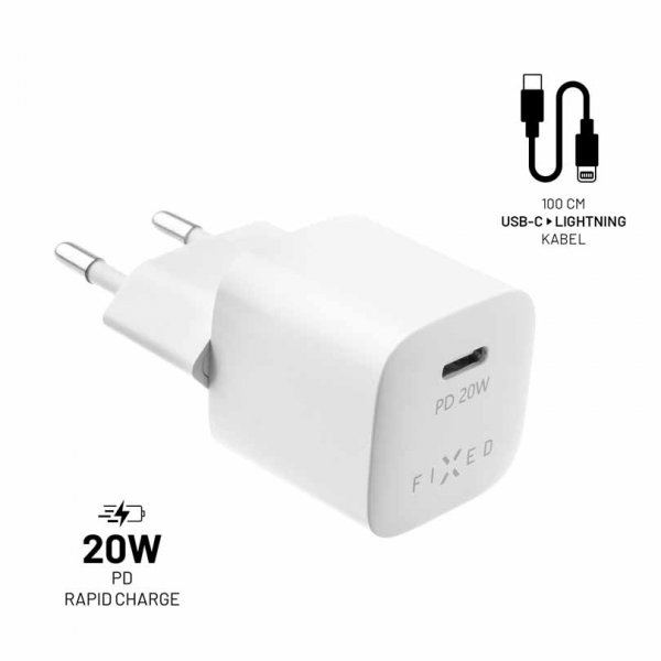 Fixed Lader med Kabel Mini PD Travel Charger Kit USB-C/Lightning 20W Hvit