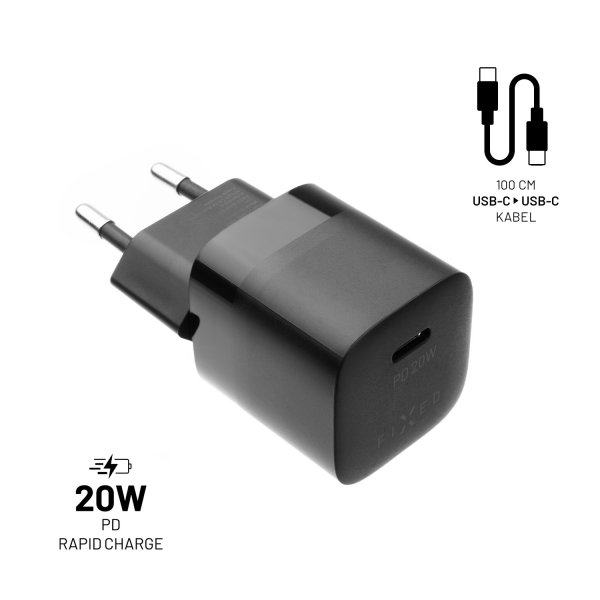 Fixed Lader med Kabel Mini PD Travel Charger Kit USB-C/USB-C 20W Svart