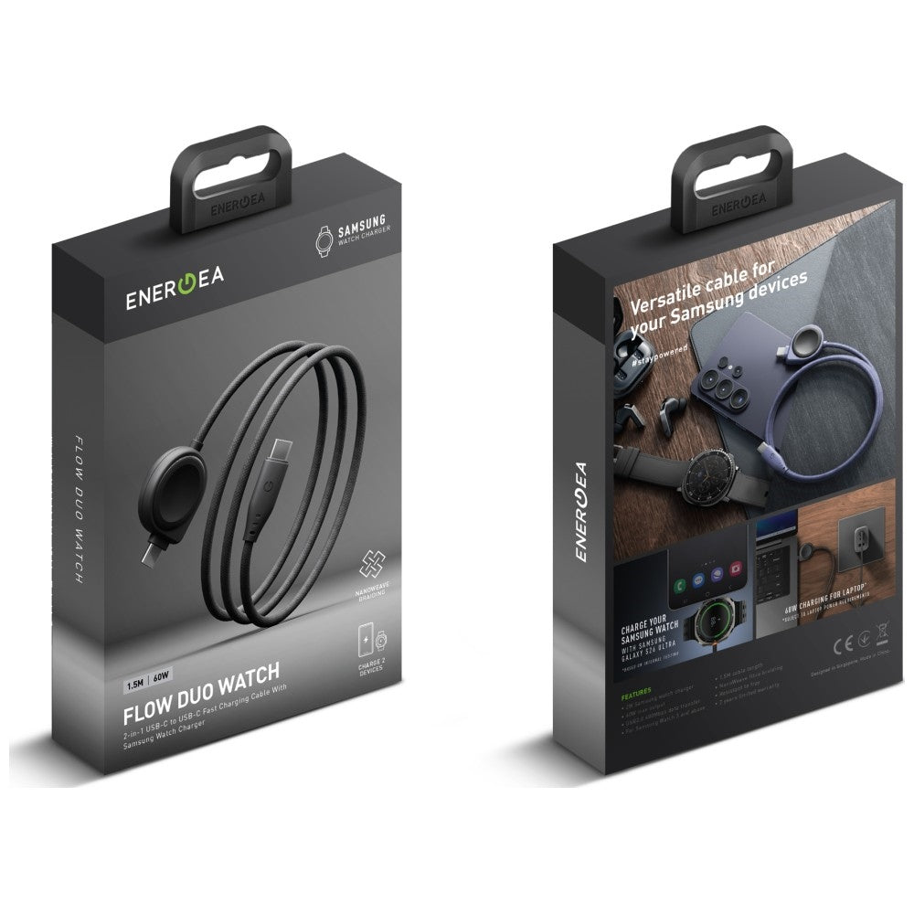 Energea Flow Duo 2-i-1 USB-C Ladekabel med Samsung Galaxy Watch lader 1.5m