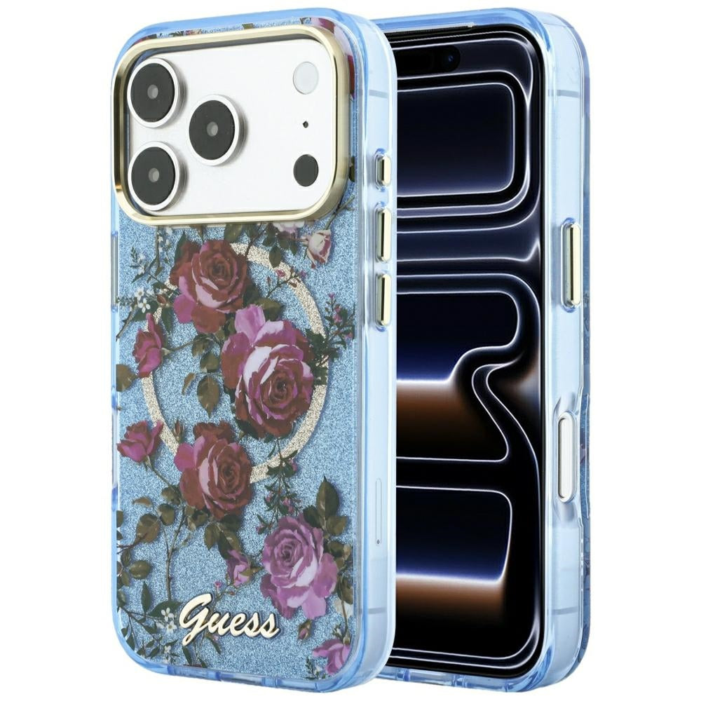 Guess iPhone 17 Pro Max/iPhone 18 Pro Max Deksel Glitter Blossom Roses Blå