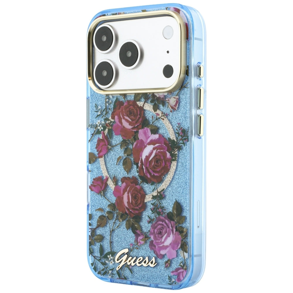 Guess iPhone 17 Pro Max/iPhone 18 Pro Max Deksel Glitter Blossom Roses Blå