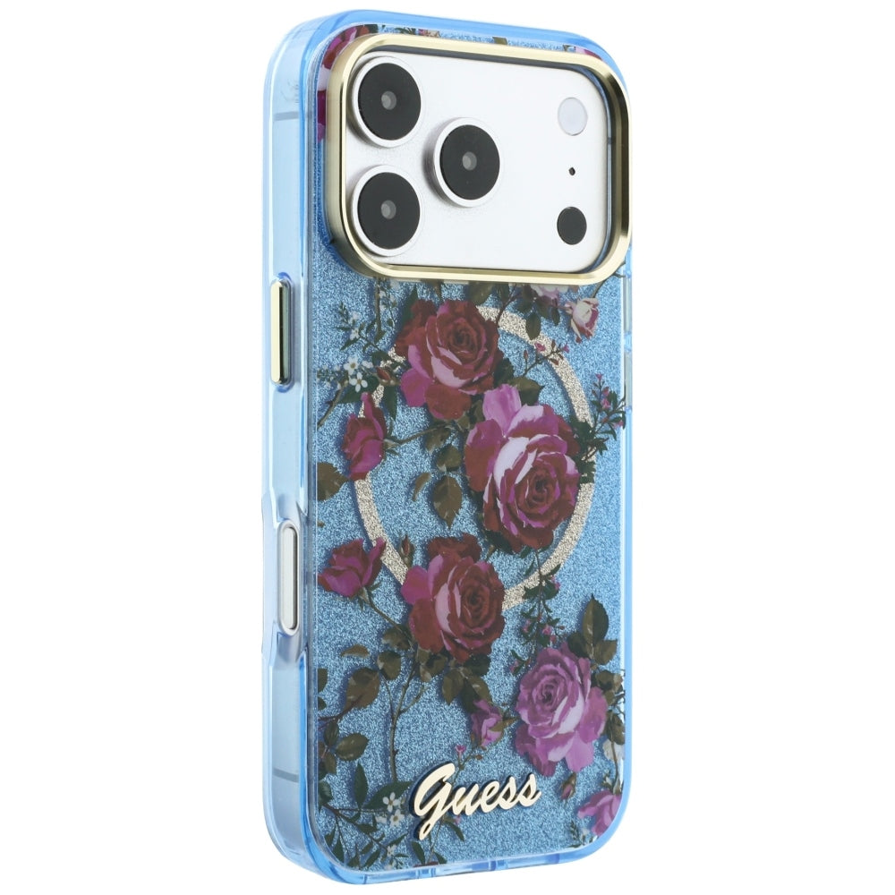 Guess iPhone 17 Pro Max/iPhone 18 Pro Max Deksel Glitter Blossom Roses Blå