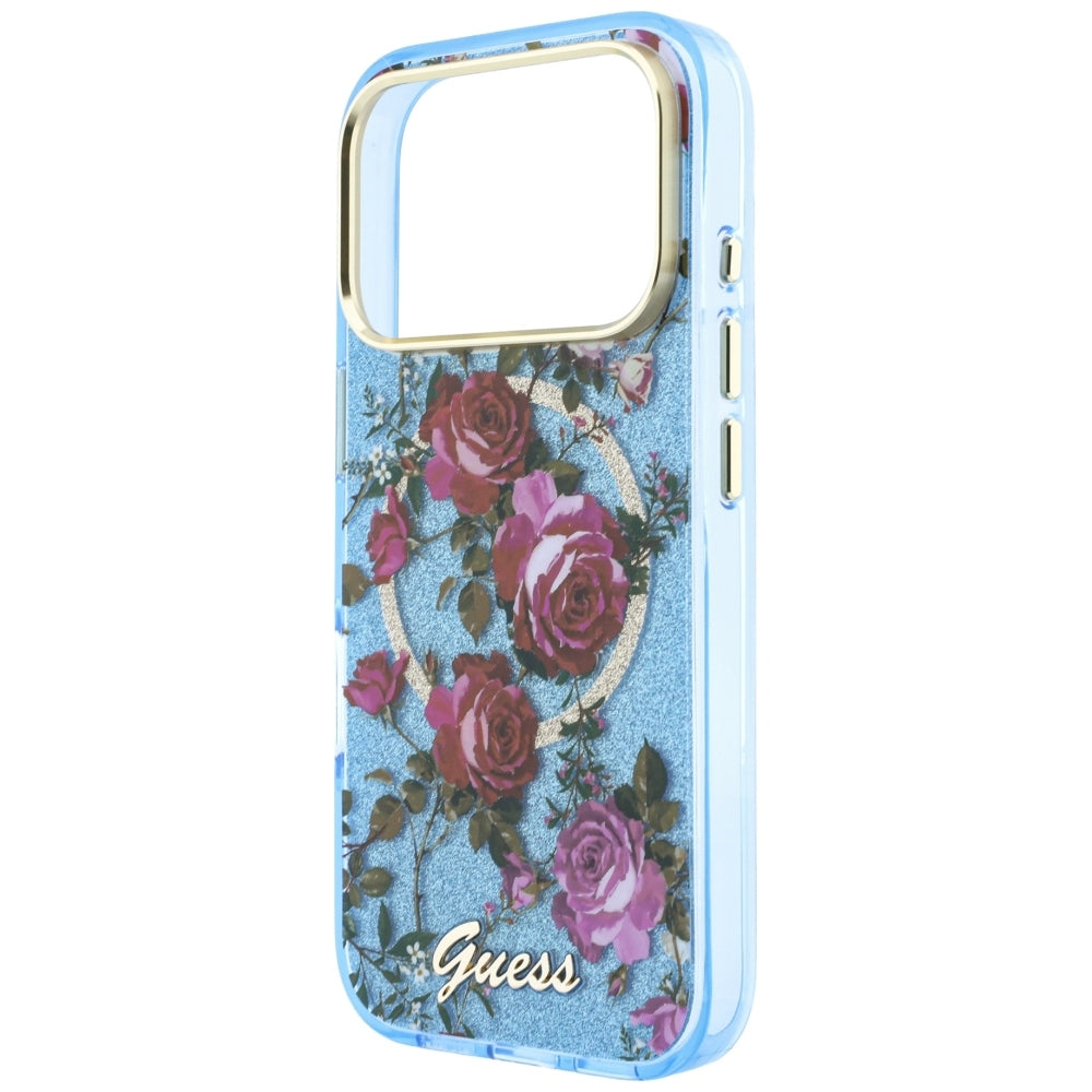 Guess iPhone 17 Pro Max/iPhone 18 Pro Max Deksel Glitter Blossom Roses Blå