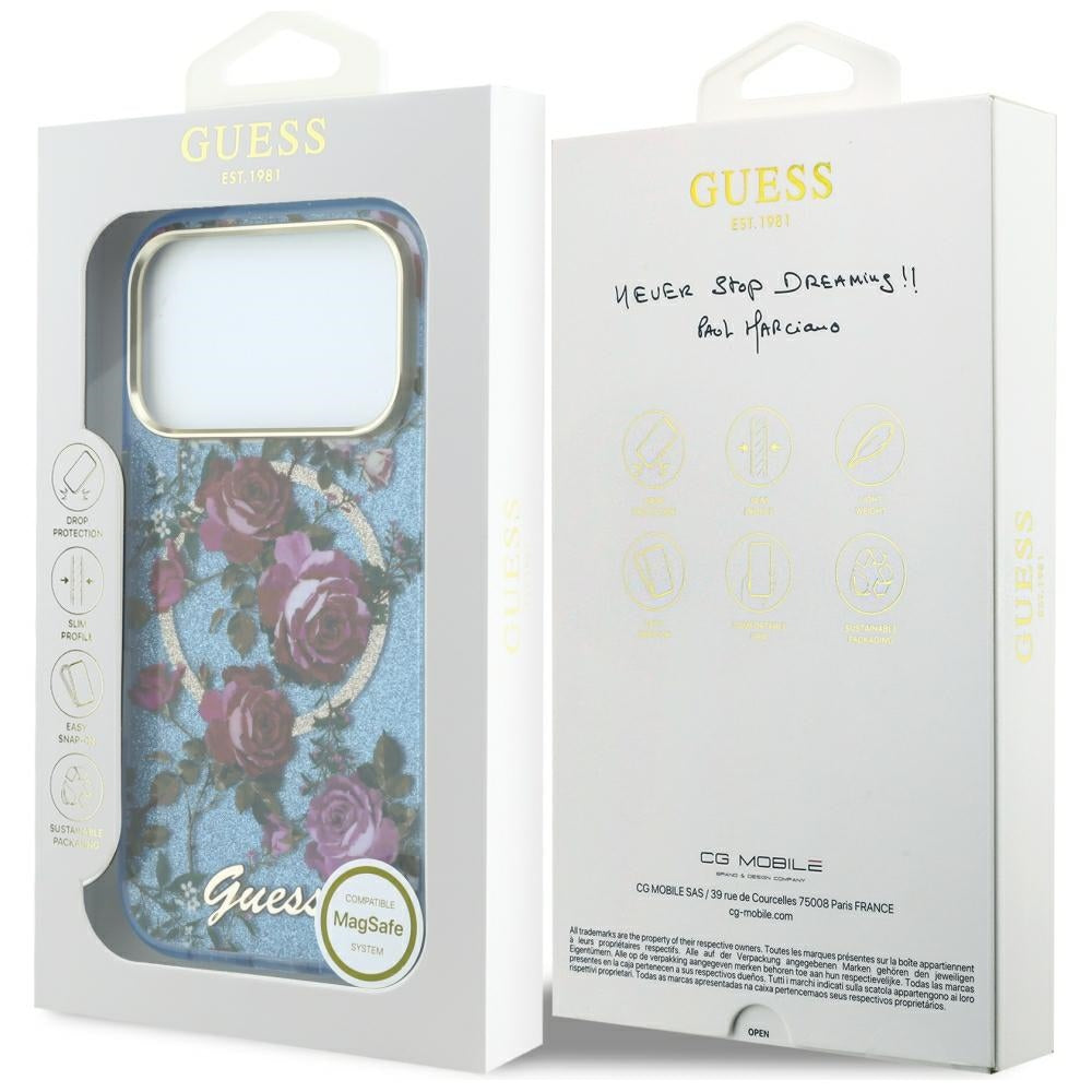 Guess iPhone 17 Pro Max/iPhone 18 Pro Max Deksel Glitter Blossom Roses Blå
