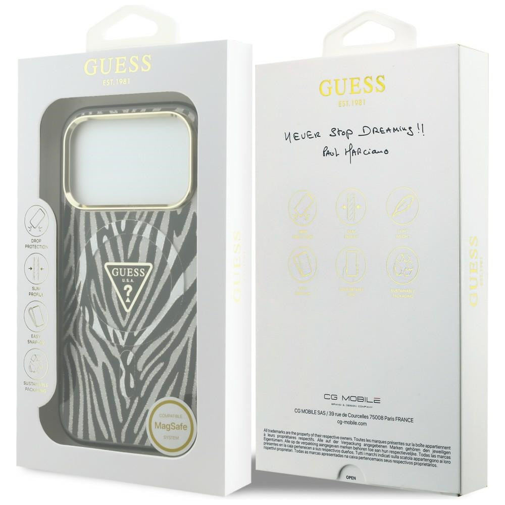 Guess iPhone 17 Pro/iPhone 18 Pro Deksel Zebra Glitter Sølv