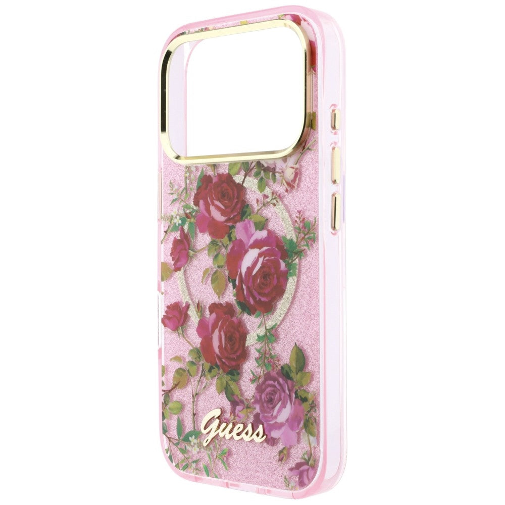 Guess iPhone 17 Pro/iPhone 18 Pro Deksel Glitter Blossom Roses Rosa