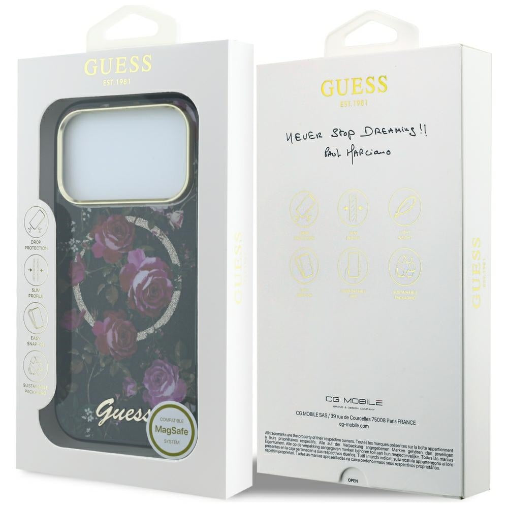 Guess iPhone 17 Pro/iPhone 18 Pro Deksel Glitter Blossom Roses Svart