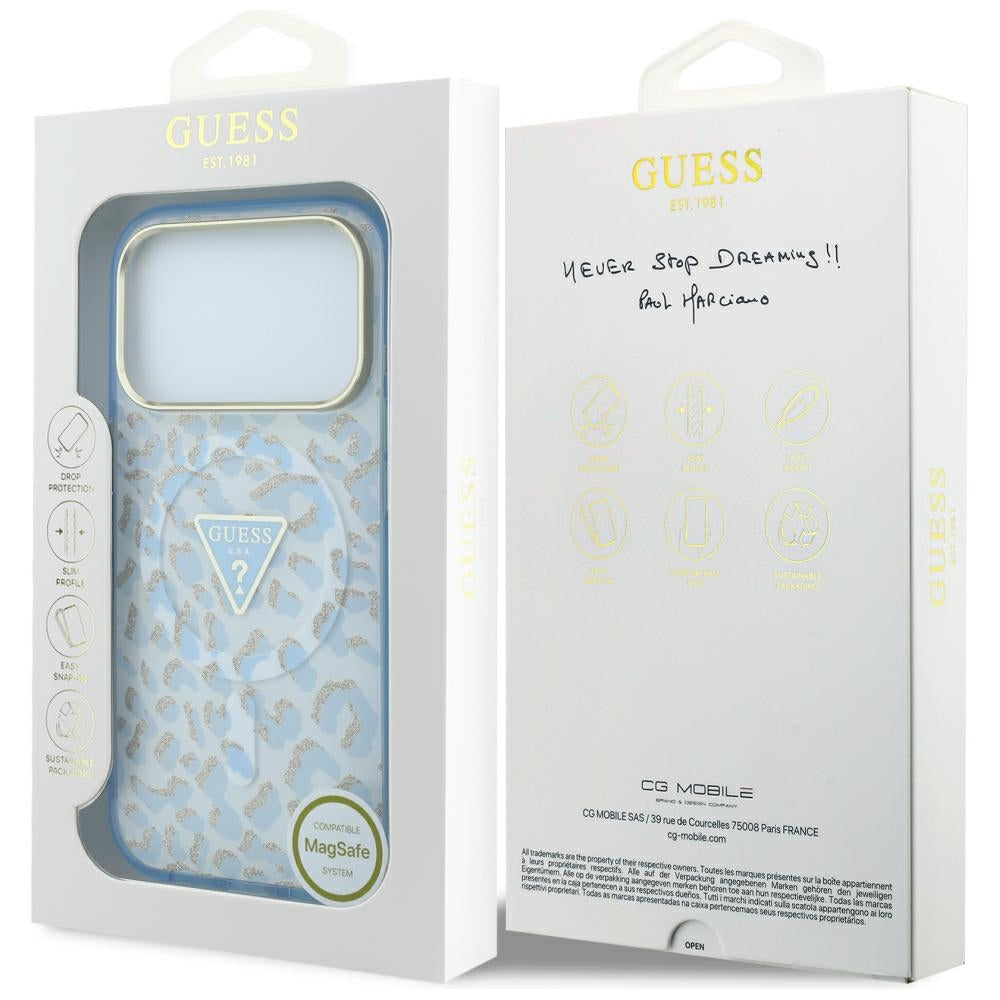 Guess Deksel til iPhone 17 Pro Max/iPhone 18 Pro Max Leopard Glitter Blå