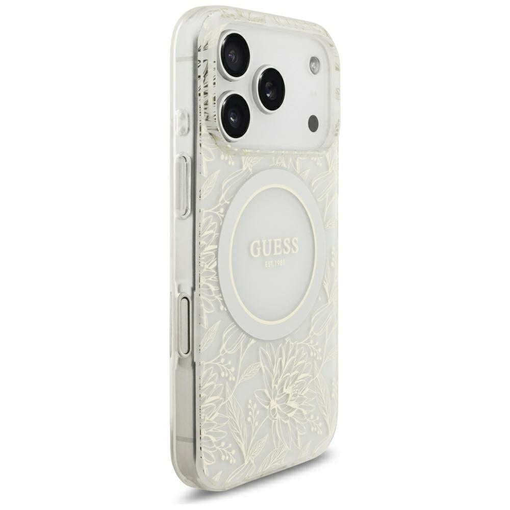 Guess iPhone 17 Pro/iPhone 18 Pro Deksel galvaniserte blomster perlesnor Hvit