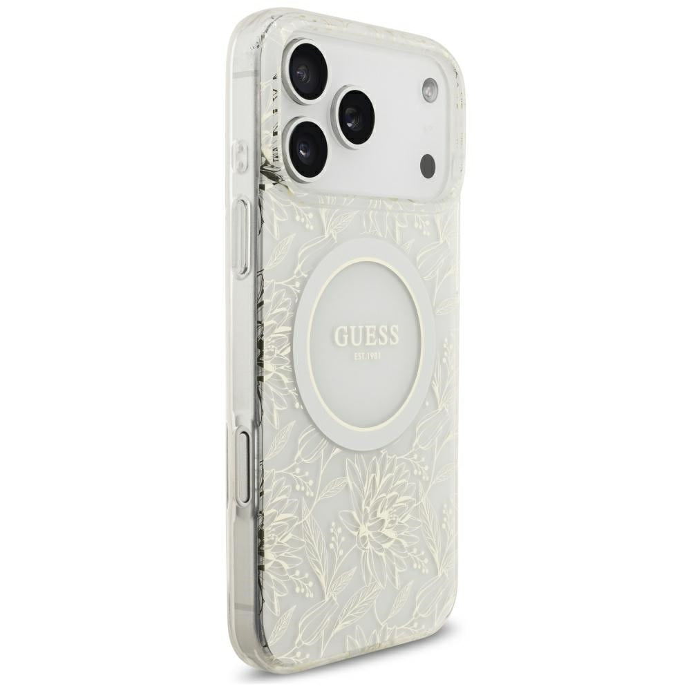 Guess-deksel til iPhone 17 Pro Max/iPhone 18 Pro Max med galvaniserte blomster, perlerem og Hvit