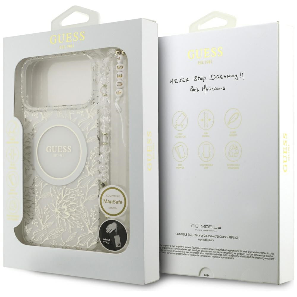 Guess-deksel til iPhone 17 Pro Max/iPhone 18 Pro Max med galvaniserte blomster, perlerem og Hvit
