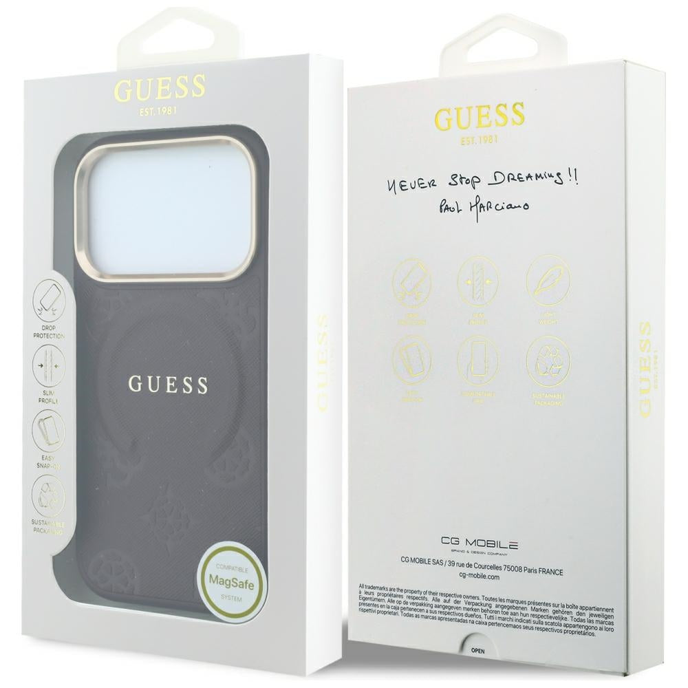 Guess iPhone 17 Pro/iPhone 18 Pro Deksel Saffiano Peony preget MagSafe Burgundy