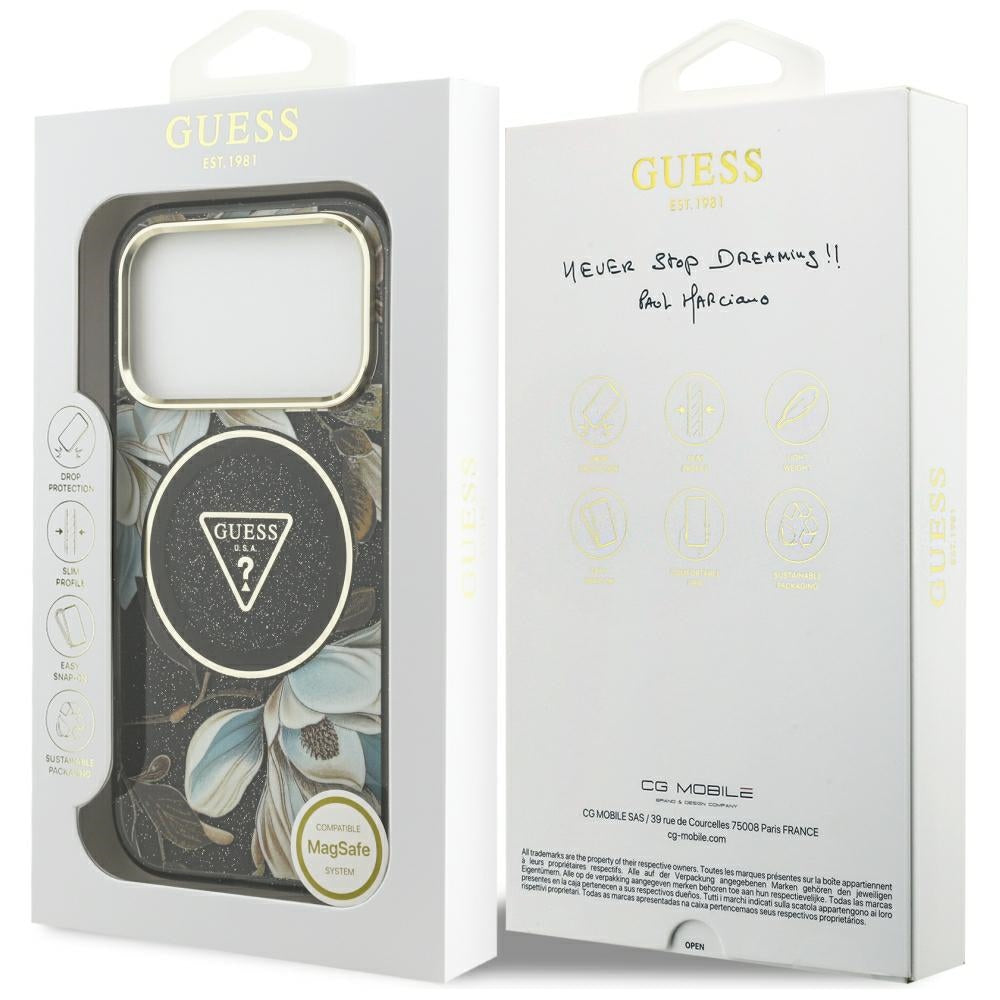 Guess iPhone 17 Pro/iPhone 18 Pro Deksel Glitter Flowers Svart