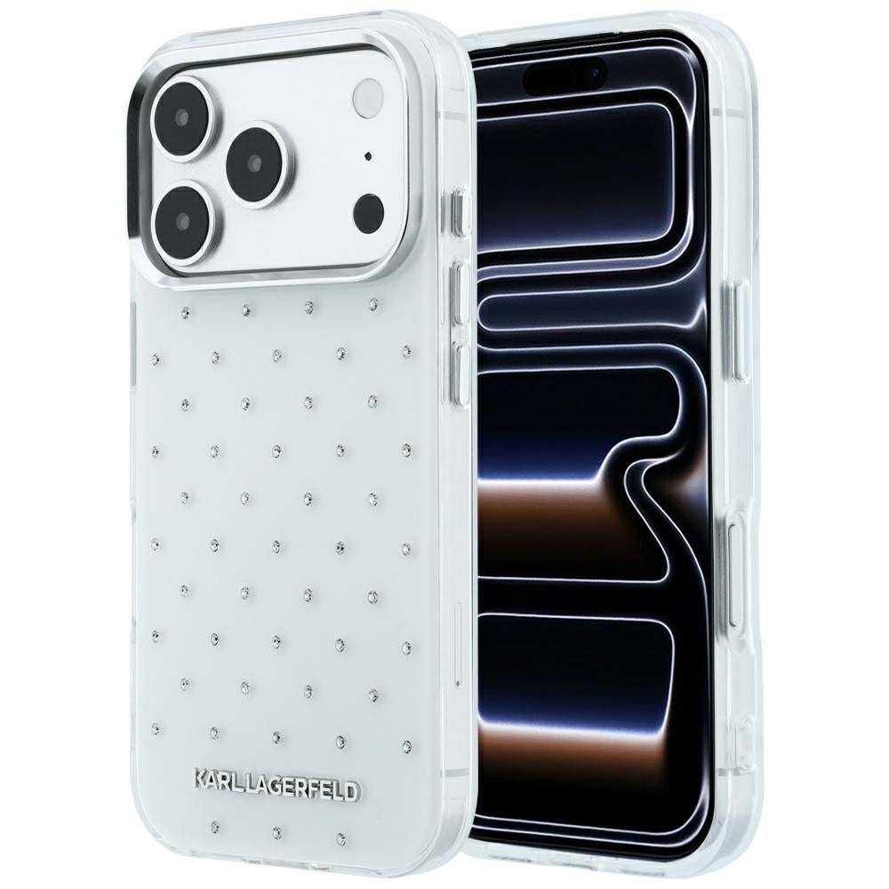 Karl Lagerfeld iPhone 17 Pro/iPhone 18 Pro Deksel med rhinsteiner, galvanisert logo, Hvit