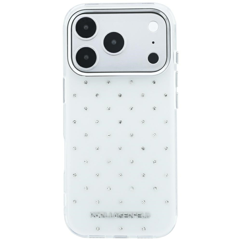 Karl Lagerfeld iPhone 17 Pro/iPhone 18 Pro Deksel med rhinsteiner, galvanisert logo, Hvit