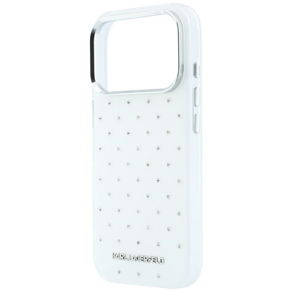 Karl Lagerfeld iPhone 17 Pro/iPhone 18 Pro Deksel med rhinsteiner, galvanisert logo, Hvit