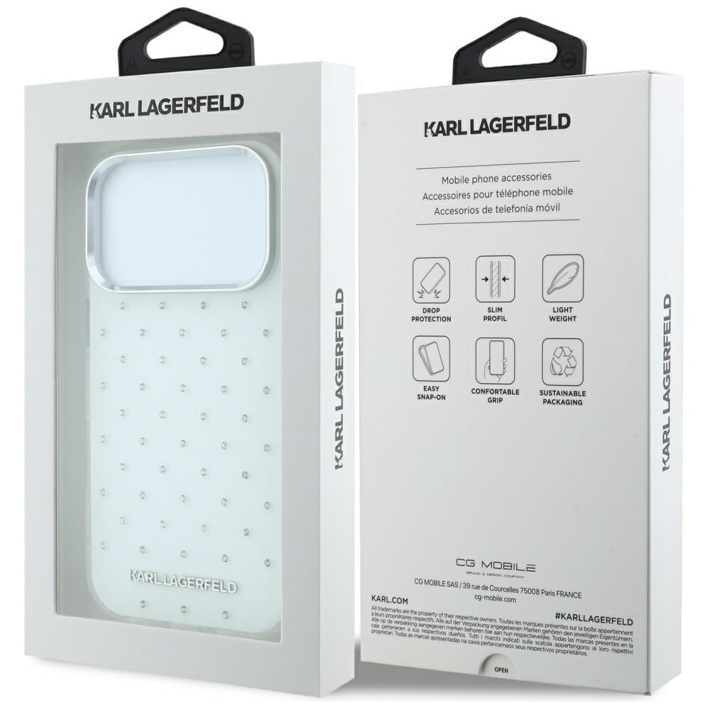 Karl Lagerfeld iPhone 17 Pro/iPhone 18 Pro Deksel med rhinsteiner, galvanisert logo, Hvit