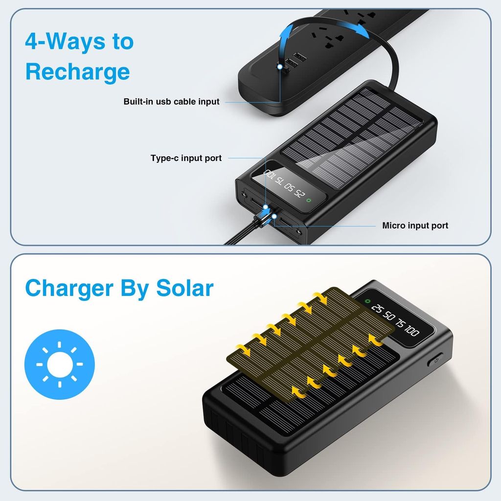 SiGN Powerbank med solceller & inbyggda kablar 20 000 mAh