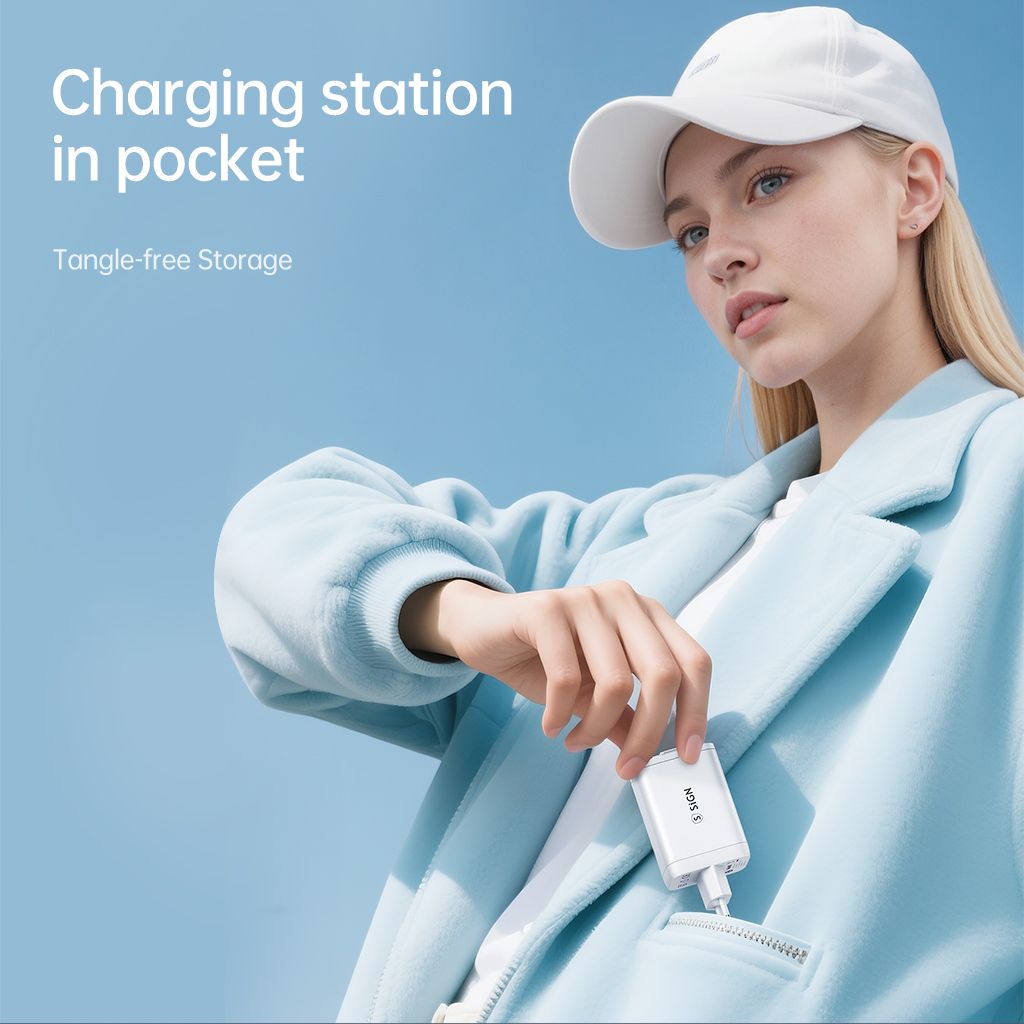 SiGN 65W Snabbladdare GaN med utdragbar USB-C kabel Hvit