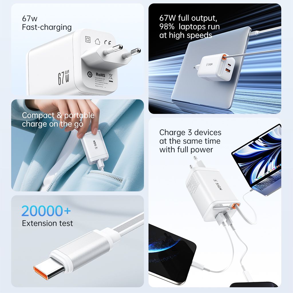 SiGN 65W Snabbladdare GaN med utdragbar USB-C kabel Hvit