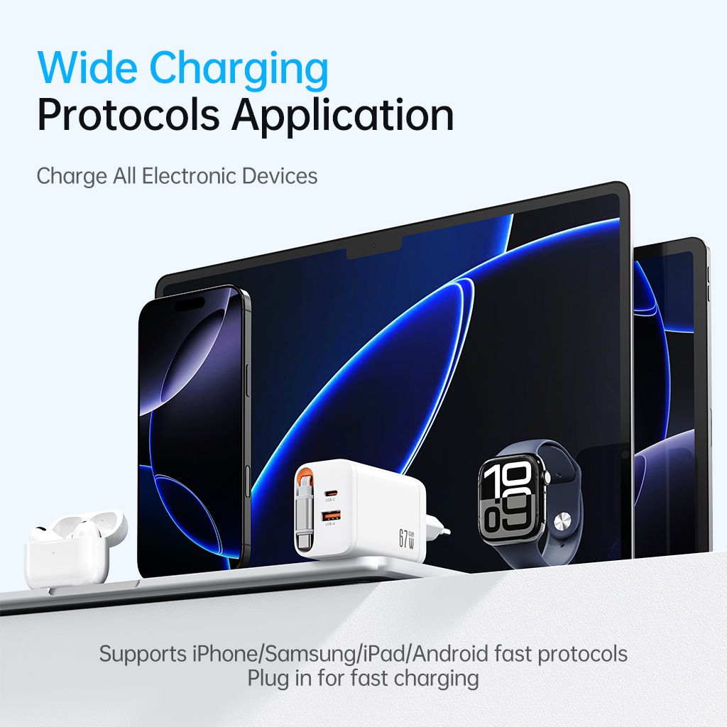 SiGN 65W Snabbladdare GaN med utdragbar USB-C kabel Hvit