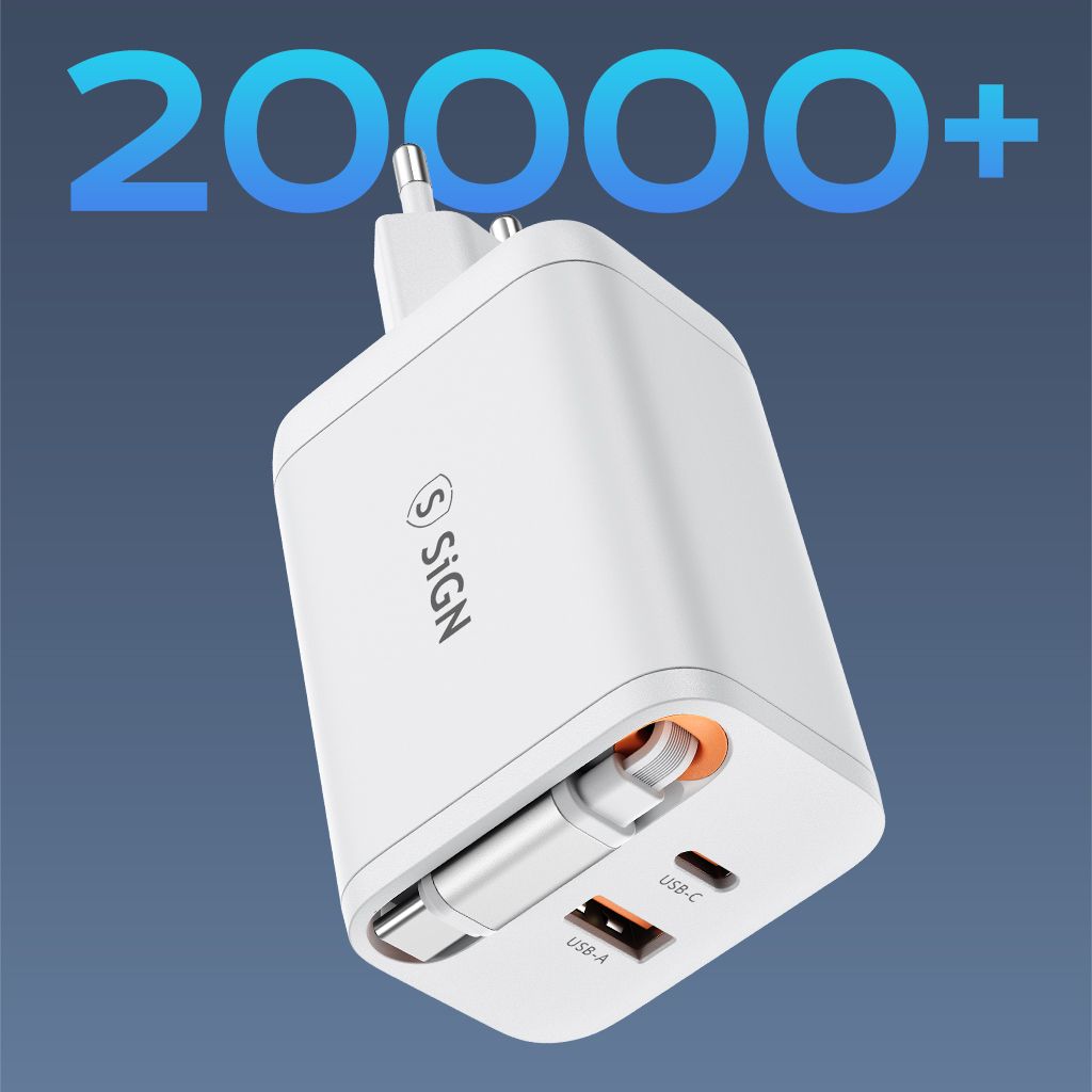 SiGN 65W Snabbladdare GaN med utdragbar USB-C kabel Hvit