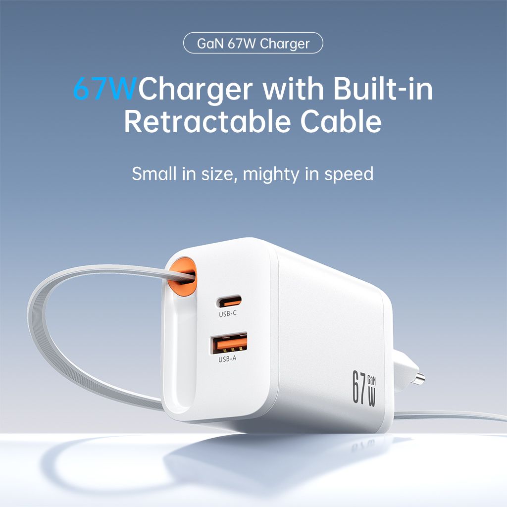 SiGN 65W Snabbladdare GaN med utdragbar USB-C kabel Hvit