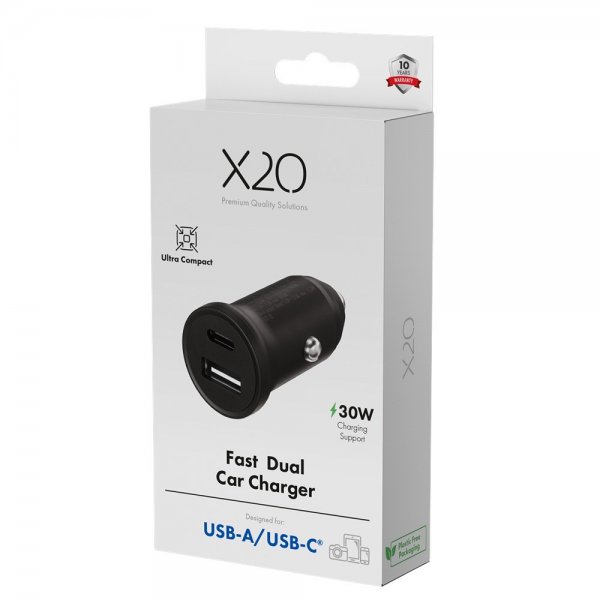 X2O Mobillader til bil 35W Double USB-C/USB-A GaN Svart