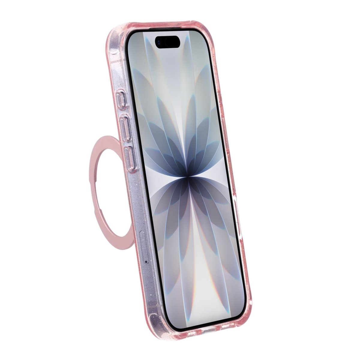 iPhone 17 Deksel med glitter og stativ, MagSafe, Rosa