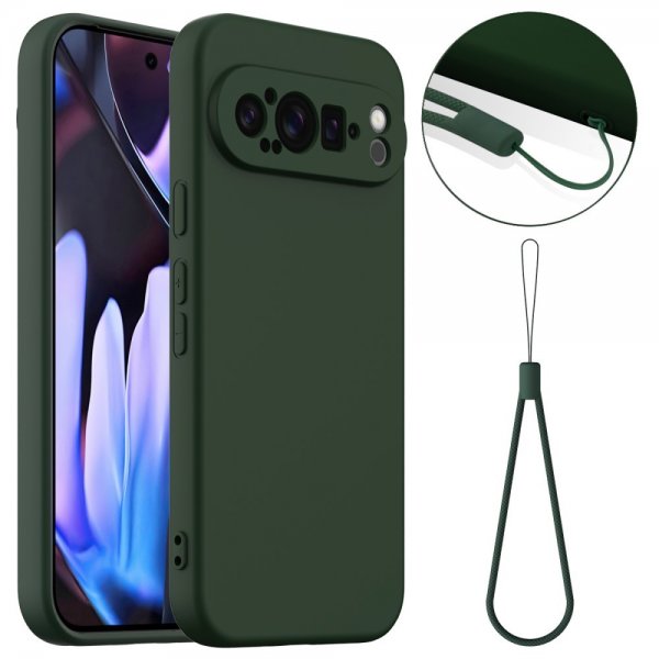 Google Pixel 9 Pro Deksel med Stropp Silikon MagSafe Mørkegrønn