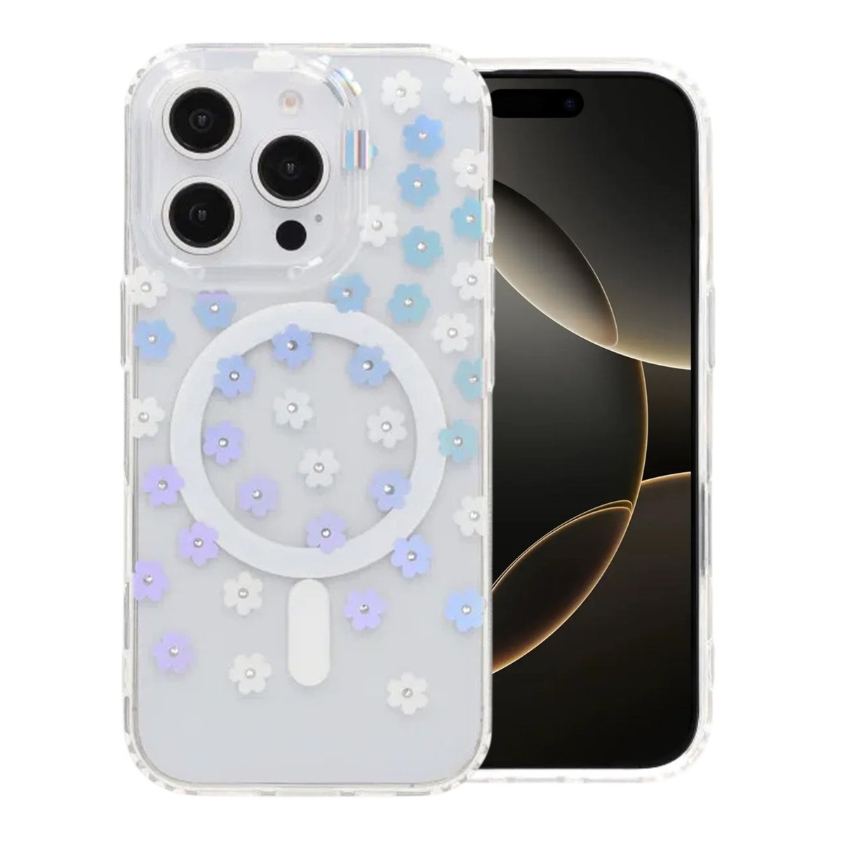 iPhone 16 Pro Deksel Blomstret strass MagSafe Blå