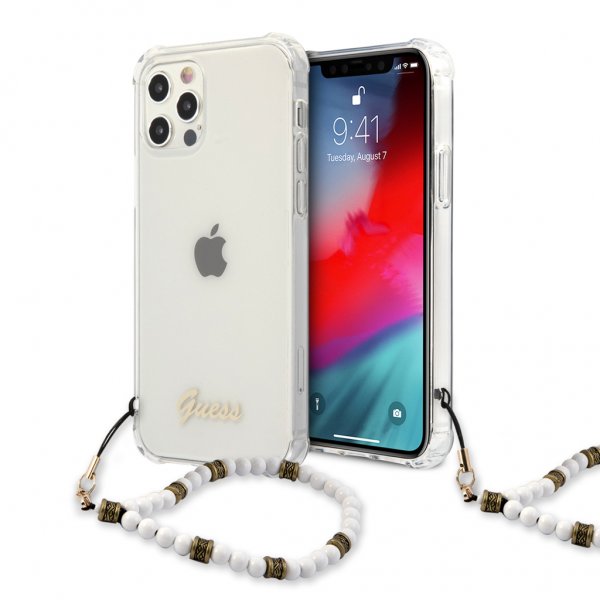 Guess iPhone 12 Pro Max Deksel Script & Pearls Hvit Klar