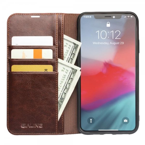 Qialino iPhone 11 Pro Max Etui Ekte Skinn Kortlomme Brun