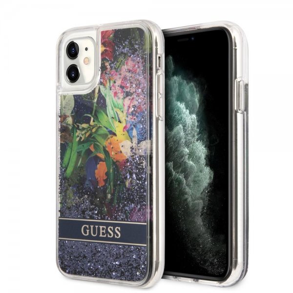 Guess iPhone 11 Deksel Liquid Glitter Flower Pattern Blå