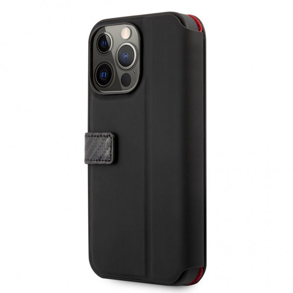Ferrari iPhone 13 Pro Etui Carbon Effect Metal Logo Vertical Stripe Svart