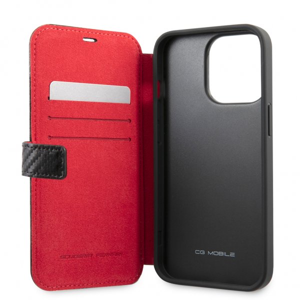 Ferrari iPhone 13 Pro Etui Carbon Effect Metal Logo Vertical Stripe Svart