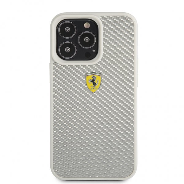 Ferrari iPhone 13 Pro Max Deksel Real Carbon Metal Logo Sølv