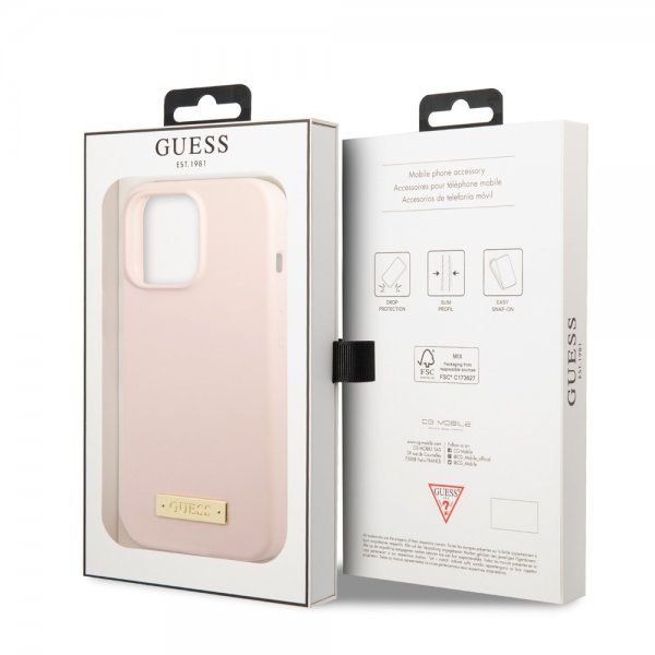 Guess iPhone 13 Pro Max Deksel Silicone Metal Plate MagSafe Rosa