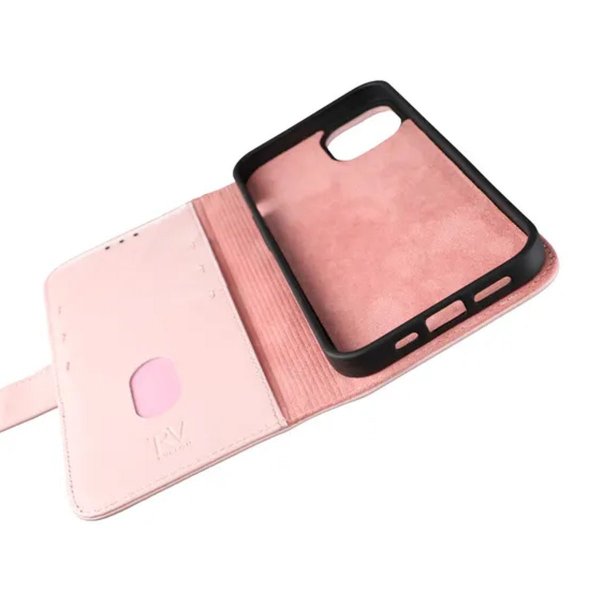 Rvelon iPhone 13 Pro Etui Ekte skinn Kortlommer Rosa