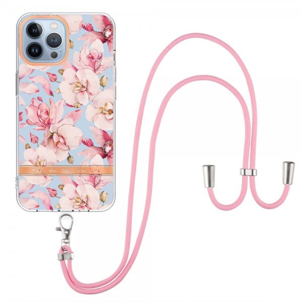 iPhone 13 Pro Deksel Blomstermønster Stropp Rosa Gardenia
