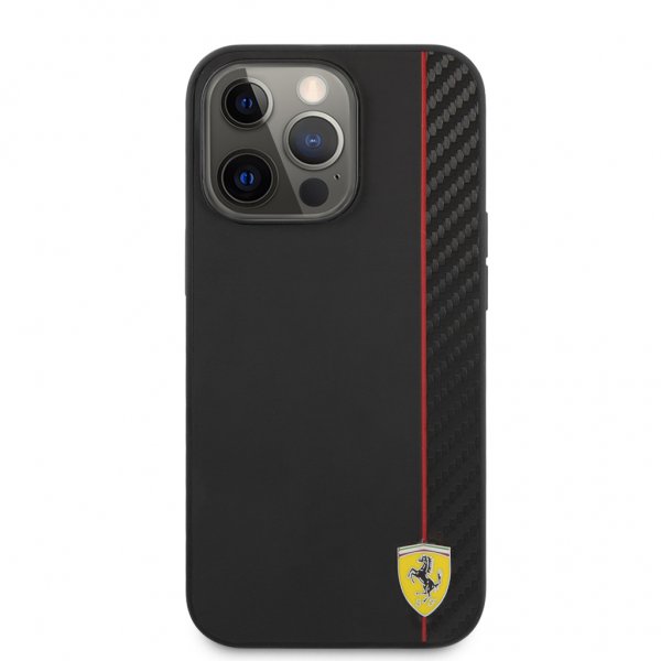 Ferrari iPhone 13 Pro Deksel Carbon Effect Metal Logo Vertical Stripe Svart