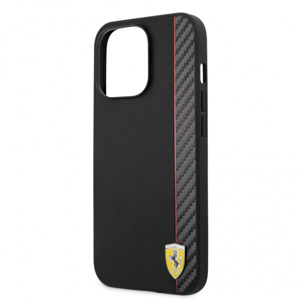 Ferrari iPhone 13 Pro Deksel Carbon Effect Metal Logo Vertical Stripe Svart